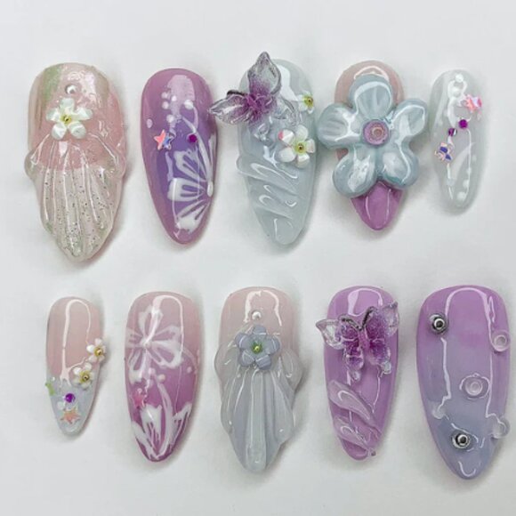 Other - Dreamy Colorful Press On Nails 3D Flower, Butterfly, Mermaid Designs Nails Nails